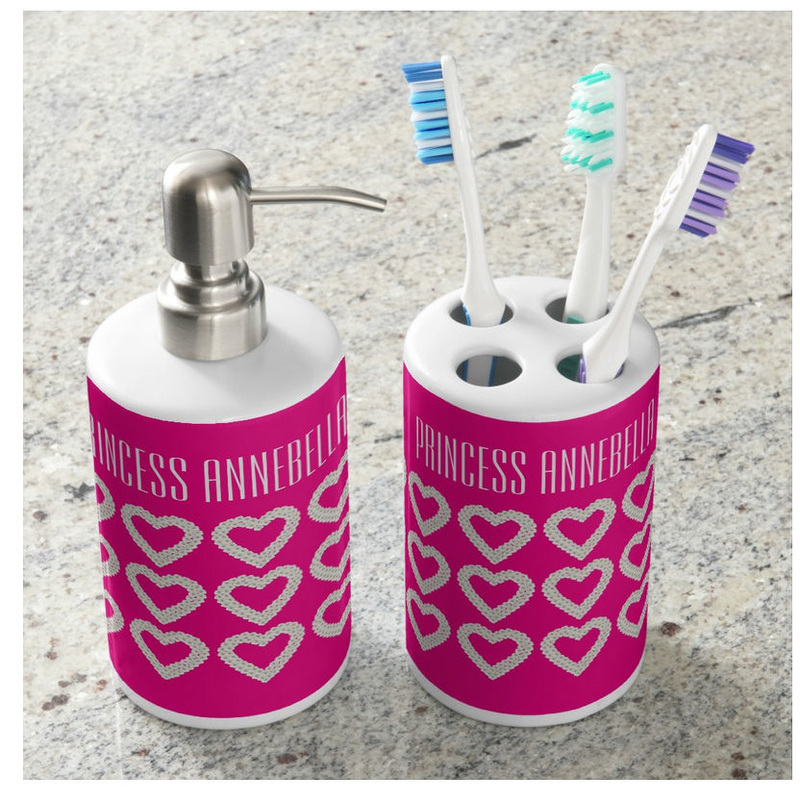 Personalized Princess Hot Pink Hearts Soap Dispenser and Toothbrush Holder