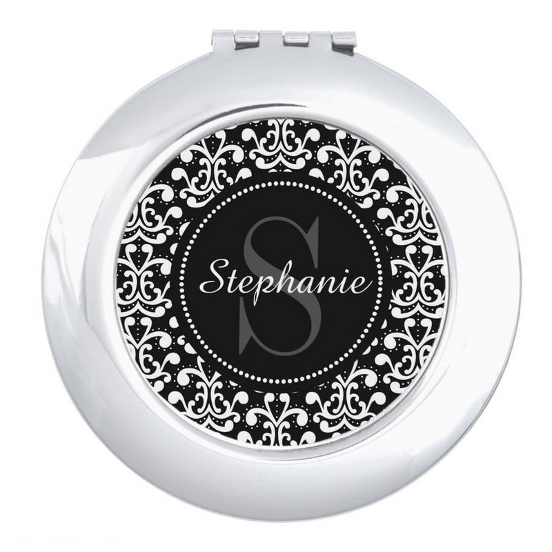Black and White Damask Monogram Personalized Name Compact Mirror