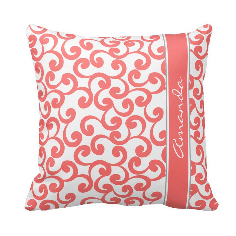 Stylish Coral and White Swirl Pattern Personalized With Name Throw Pillow