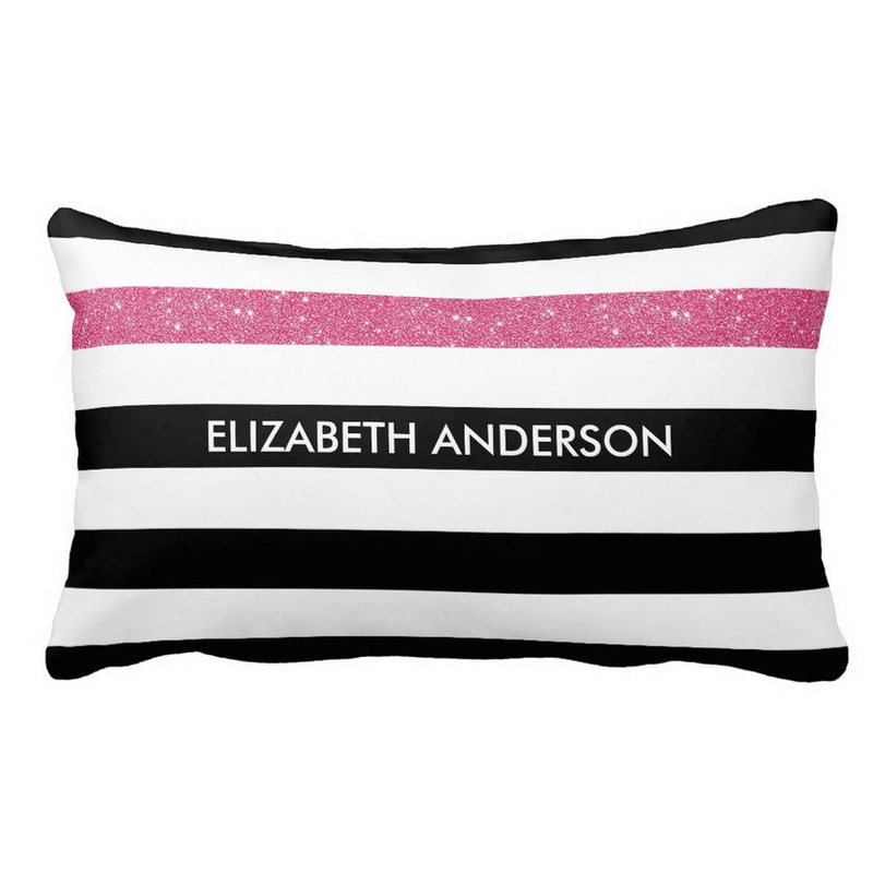 Modern Black Stripes FAUX Pink Glitz and Name Throw Pillow