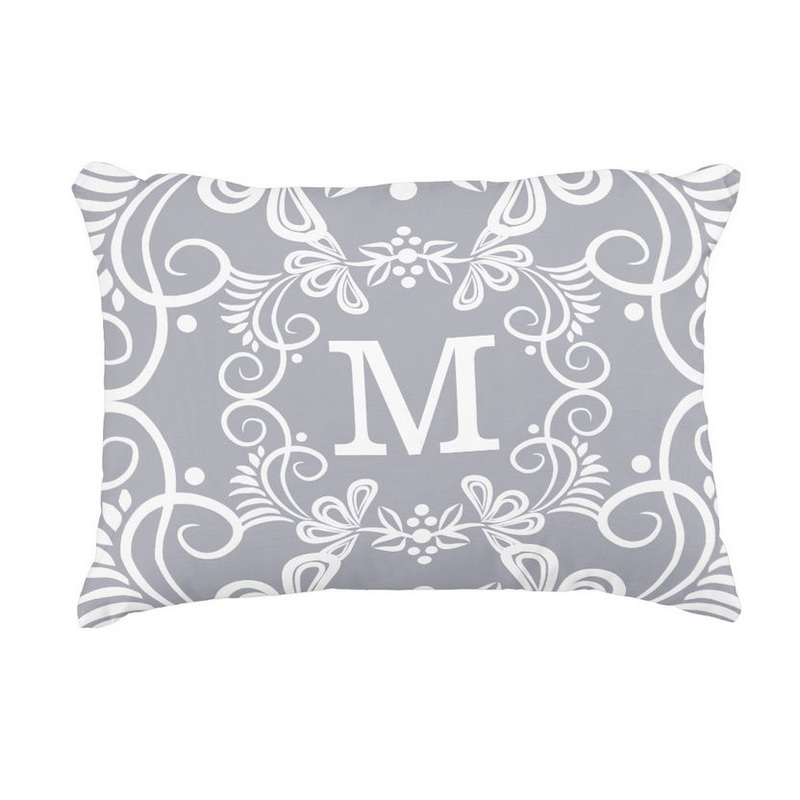 Decorative Swirls Gray and White Custom Monogram Accent Pillow