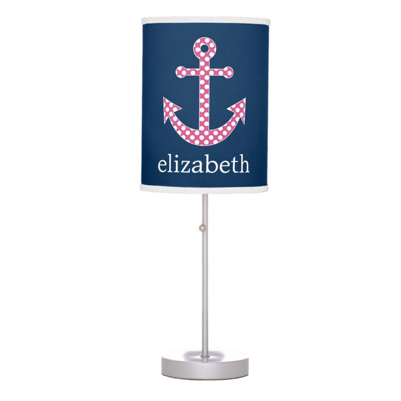 Cute Pink Polka Dot Anchor with Navy Background Custom Name Desk Lamp