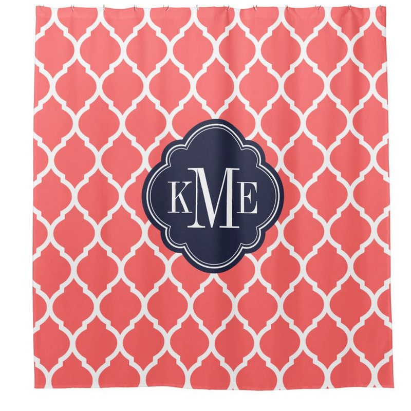 Coral and Navy Moroccan Quatrefoil With Elegant Monogram Shower Curtain