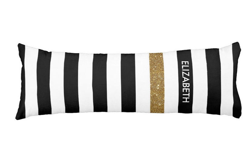 Modern Black and White Stripes FAUX Gold Glitz and Custom Name Body Pillow
