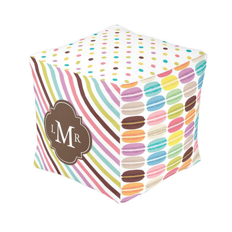 Girly Rainbow Macaroons Personalized Monogram Stripes and Dots Cube Pouf