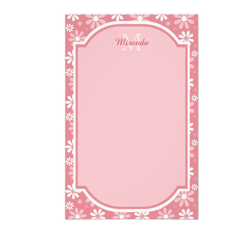 Girly Monogram Cute Pink Daisy Flowers With Name Stationery