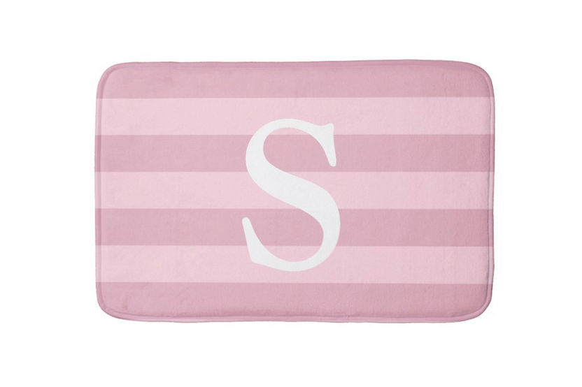 Modern Monogrammed Girly Horizontal Pink Striped Bathroom Mat