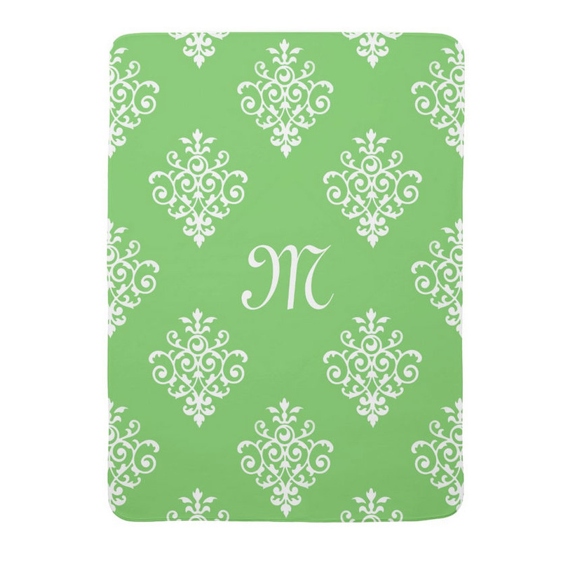 Modern Monogrammed Bright Green Damask Pattern Swaddle Blanket