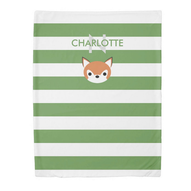 Cute Fox With Custom Name and Monogram on Green Stripes Duvet Cover