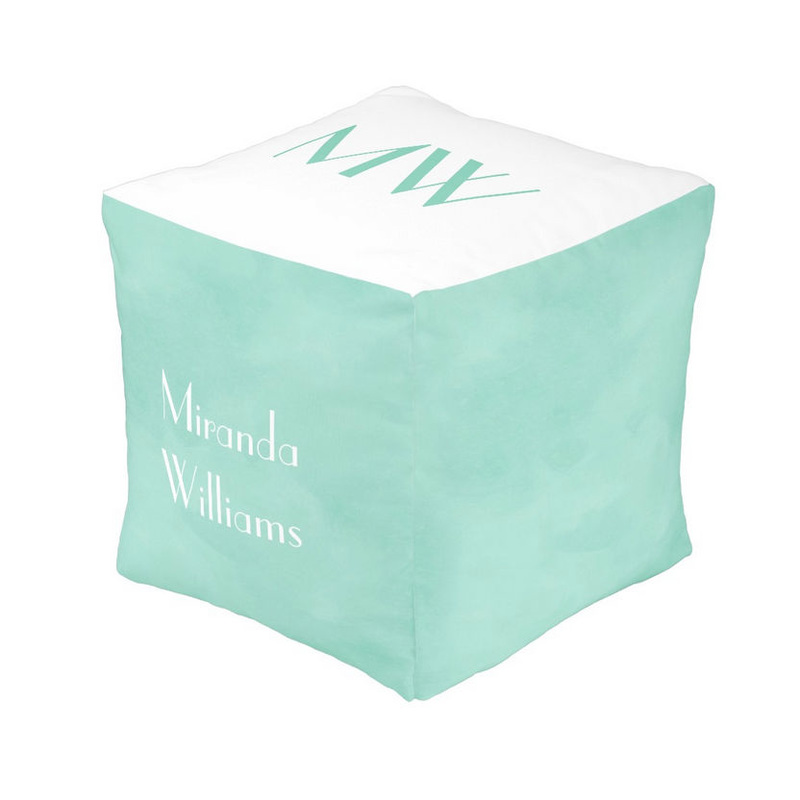 Simple and Chic Mint Green and White Monogram With Name Cube Pouf