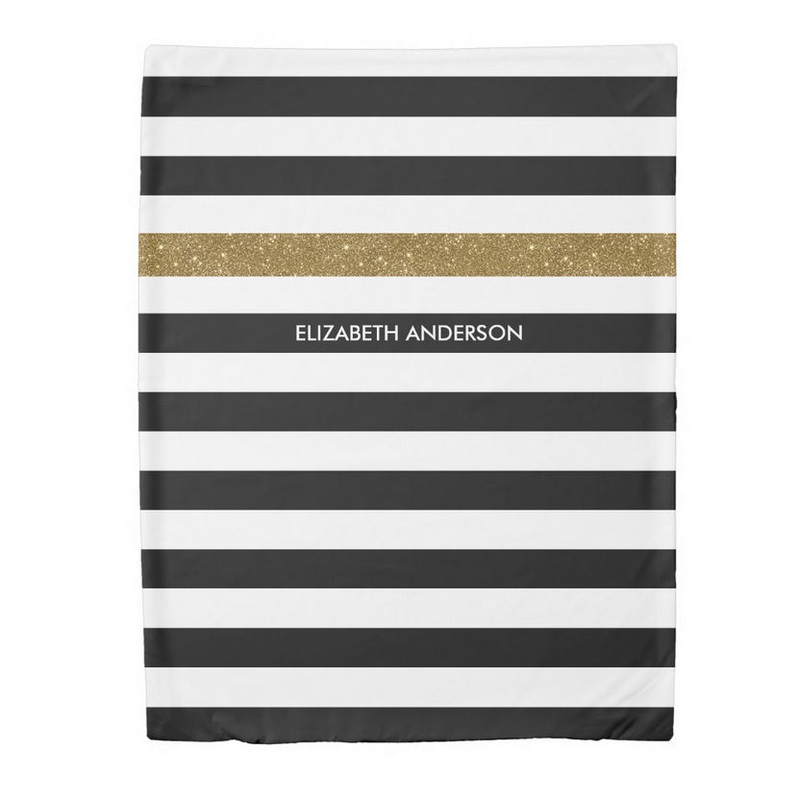 Modern Black and White Stripes With Faux Glitz Pattern and Name Duvet Cover