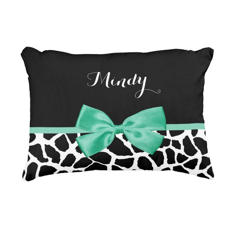 Pretty Giraffe Print Mint Green Bow With Name Accent Pillow