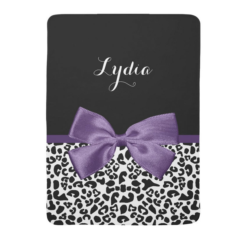 Girly Leopard Print Pretty Purple Ribbon With Name Swaddle Blanket