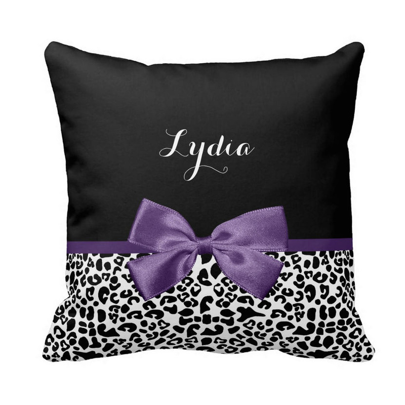 Girly Leopard Print Pretty Purple Ribbon Bow With Name Pillow