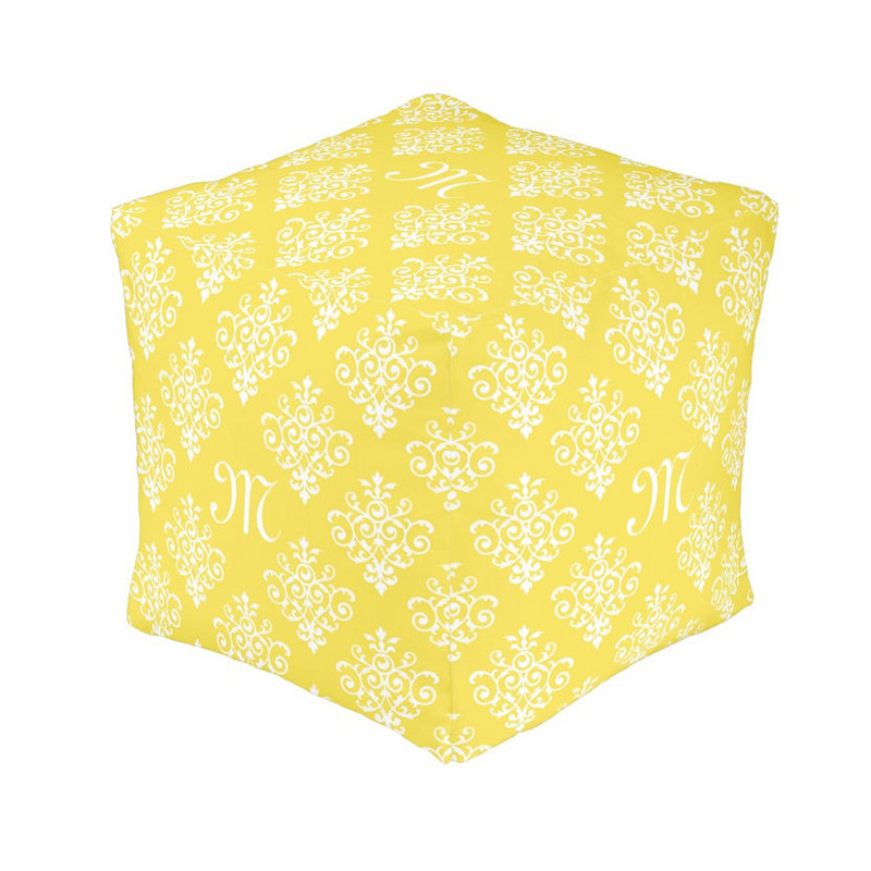 Chic Bright Yellow Damask and Fashionable Monogram Cube Pouf