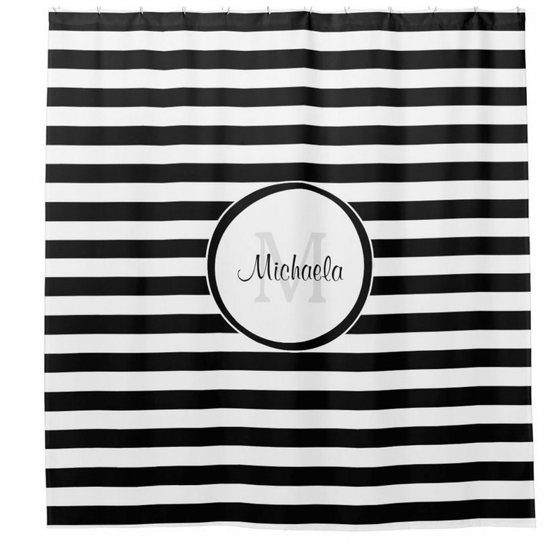 Modern Classic Horizontal Black and White Stripes With Name Shower Curtain