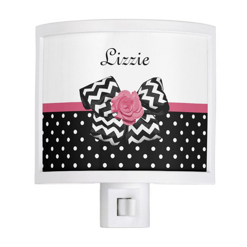 Cute Black Polka Dots With Pink Rose Chevron Bow and Name Nite Lites