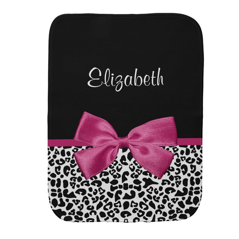 Vivacious Dark Pink Ribbon Leopard Print With Name Burp Cloths