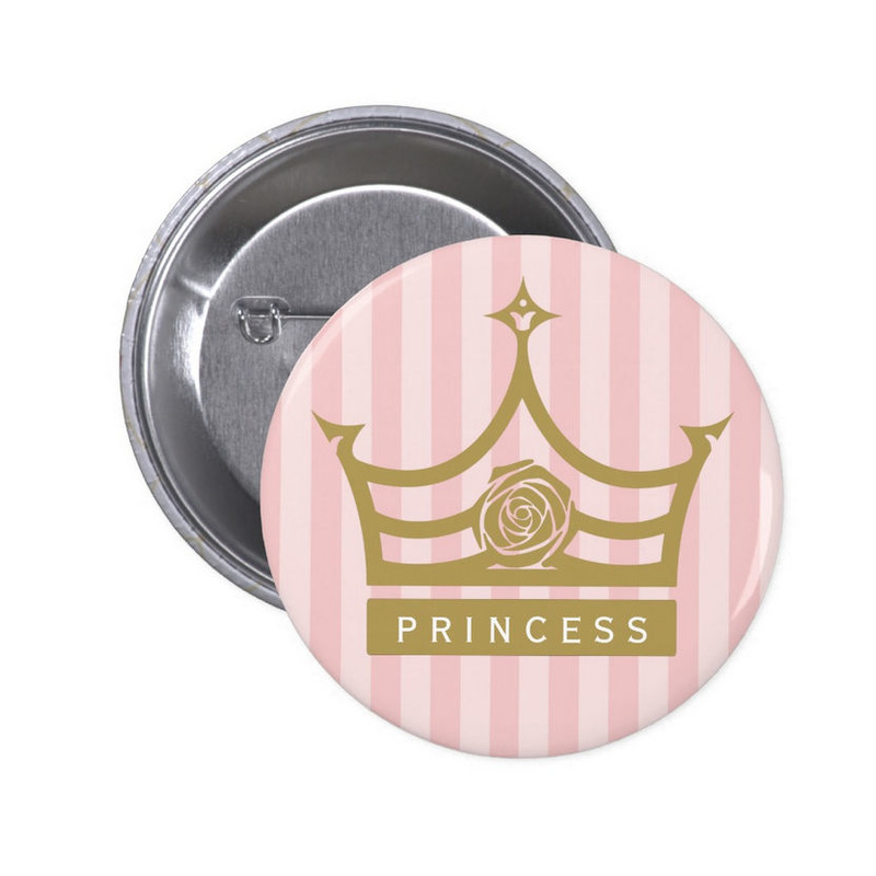 Chic Pink Stripes and Gold Rose Princess Crown 2 Inch Round Button