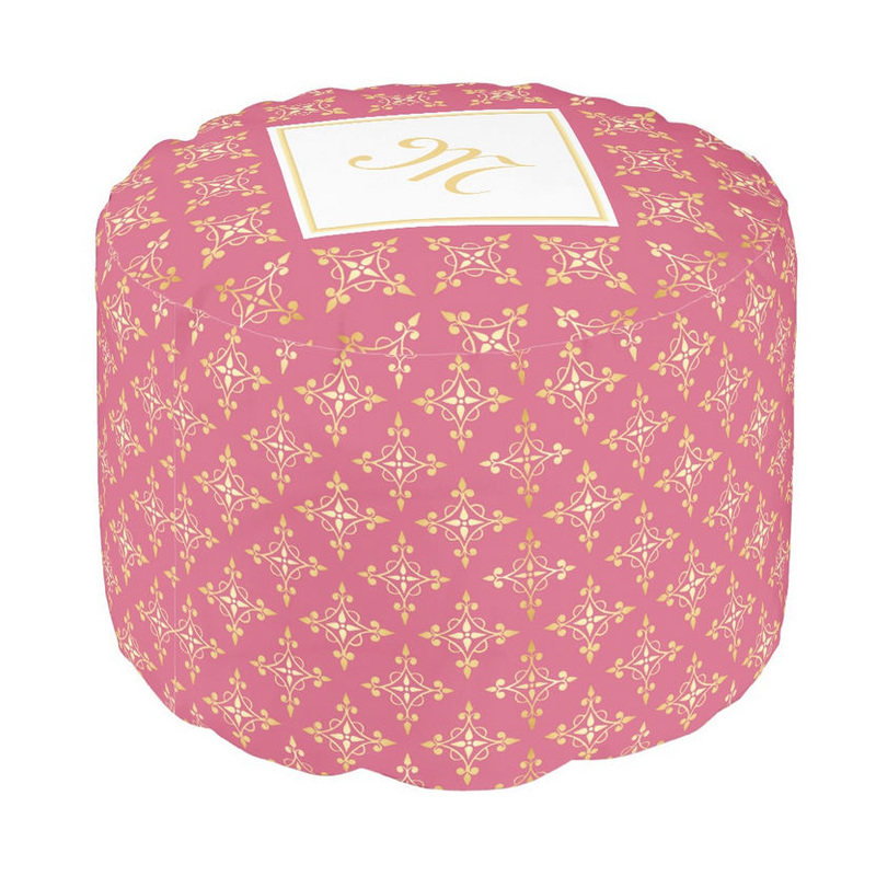 Luxury Monogram Pink and Gold Quatre Floral Round Pouf