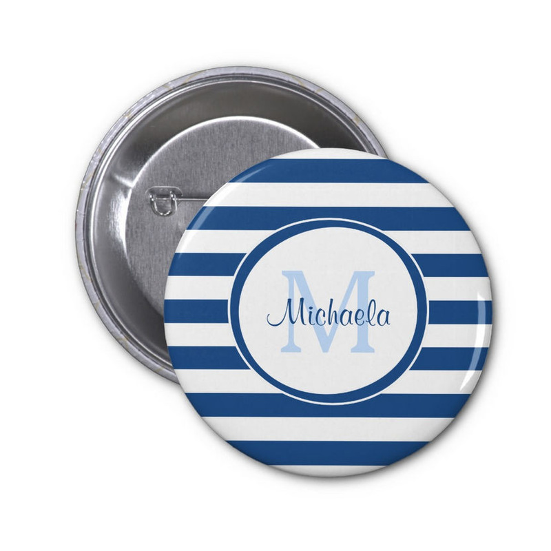 Rich Blue Even Stripes Sleek Name and Monogram 2 Inch Round Button