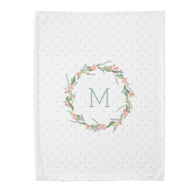 Pretty Rose Wreath on Tiny Polka Dots Pattern and Monogram Duvet Cover