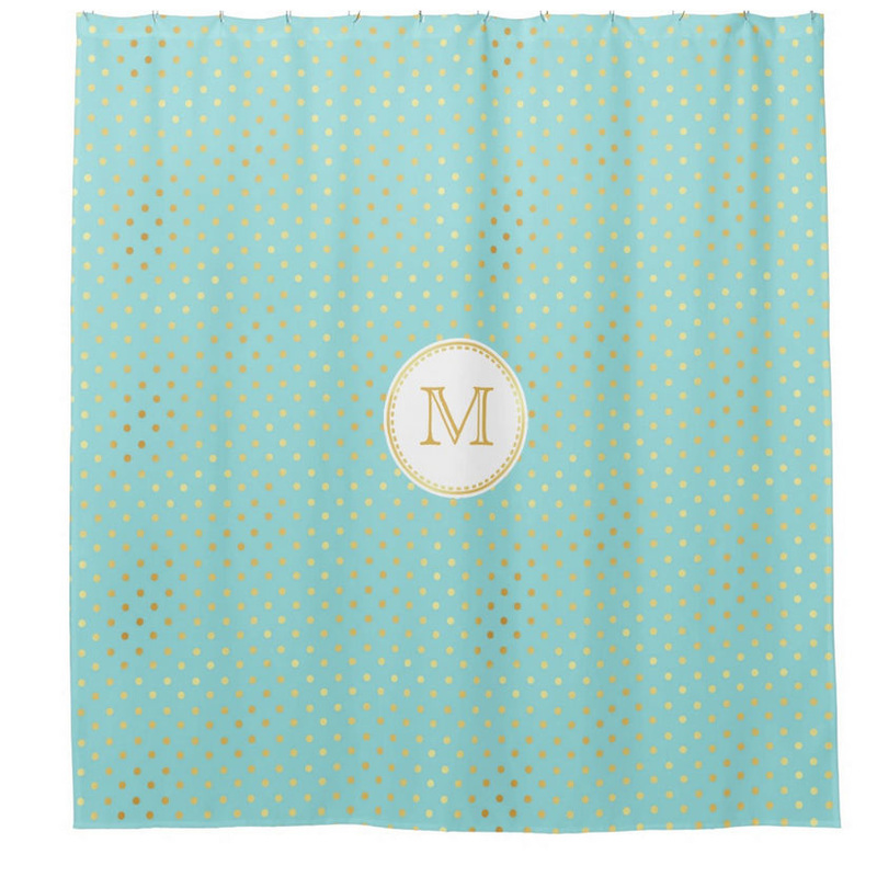 Elegant Aqua and Gold Polka Dots With Chic Circle Monogram Shower Curtain