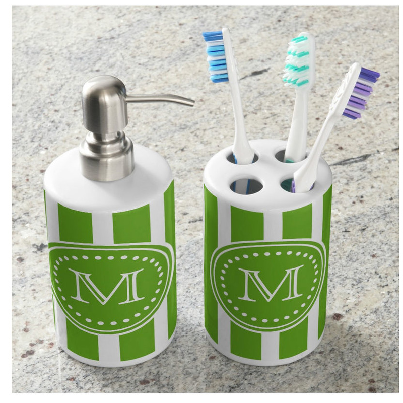 Stylish Apple Green and White Vertical Stripes With Monogram Bath Set