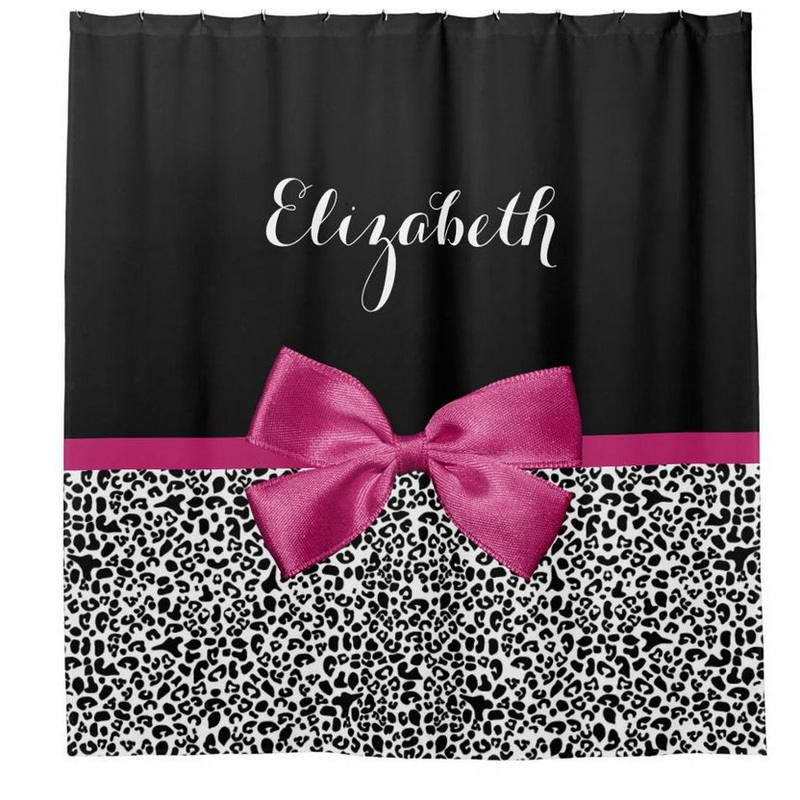 Vivacious Dark Pink Ribbon Leopard Print With Name Shower Curtain