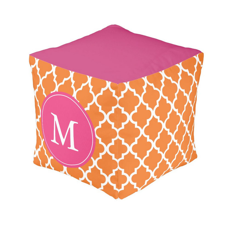 Trendy Orange and White Quatrefoil Pattern Hot Pink Monogram Cube Pouf