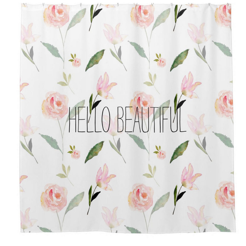 Personalized Hello Beautiful Pretty Pink Watercolor Floral Shower Curtain
