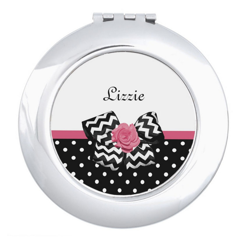 Cute Black Dots Pink Rose Chevron Bow and Name Compact Mirrors