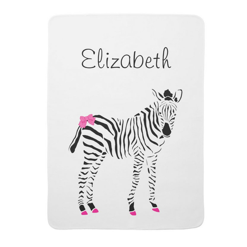 Cute Hot Pink and Black Girly Zebra Baby Name Stroller Blanket