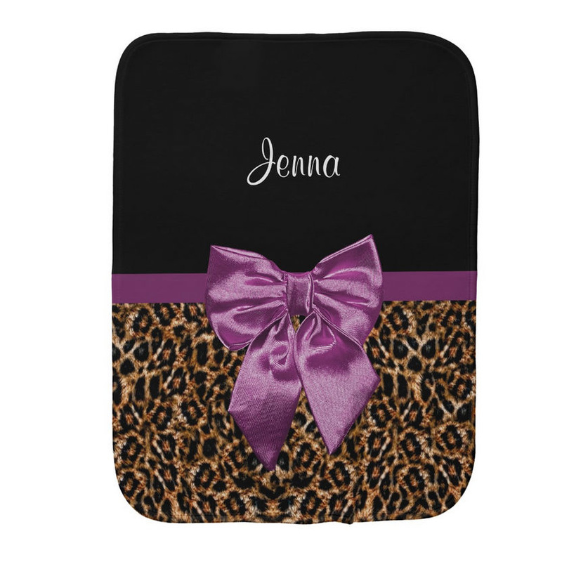 Stylish Brown Leopard Print With Elegant Purple Bow and Baby Name Burp Cloth