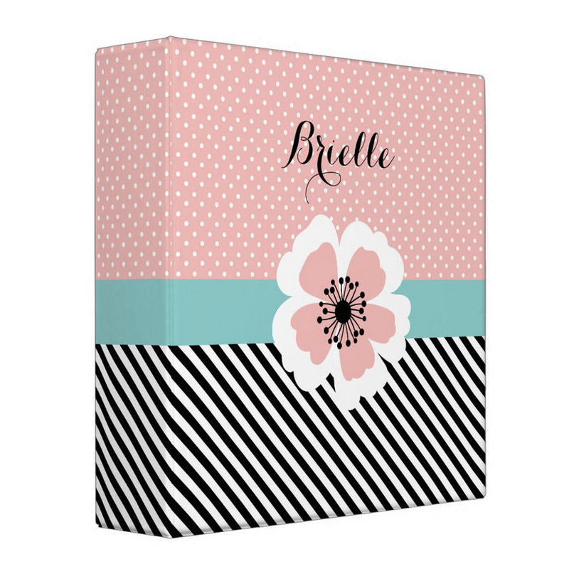 Retro Pink Polka Dots and Stripes Flower With Name Binders