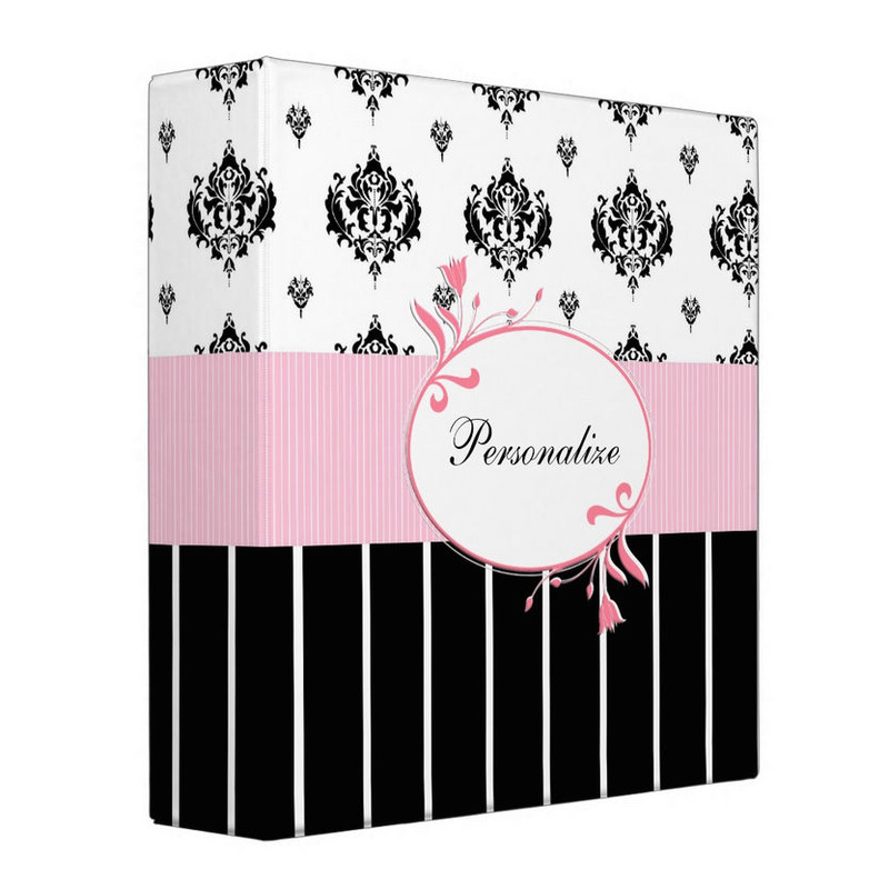 Black And White Damask Chic Pink Floral With Name 3 Ring Binder