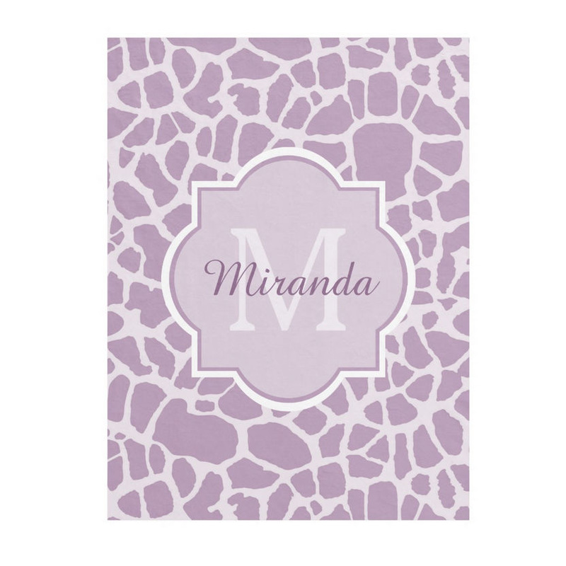 Designer Purple Monogram Giraffe Print and Name Fleece Blanket