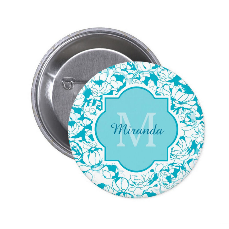 Modern Turquoise Floral Girly Monogram With Name 2 Inch Round Button