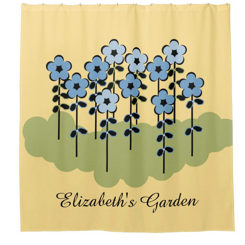 Girly Yellow and Blue Flowers Personalized With Name Shower Curtain