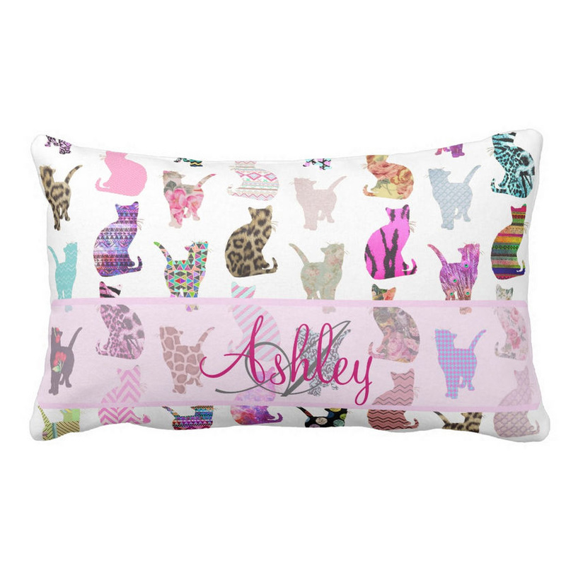 Girly Pink Whimsical Patterned Cats Monogram and Name Lumbar Pillow