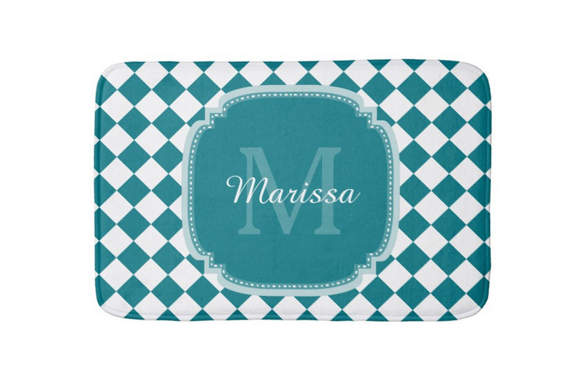 Trendy Teal and White Checked With Monogrammed Name Bathroom Mat