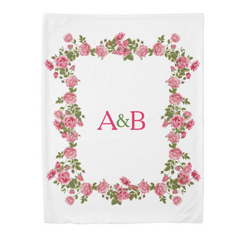 Feminine Pink and White Bed of Roses With Modern Monogram Duvet Cover