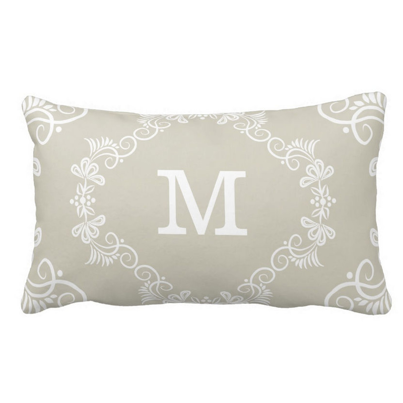 Feminine Beige and White Floral Filigree Custom Monogram Decorative Pillow