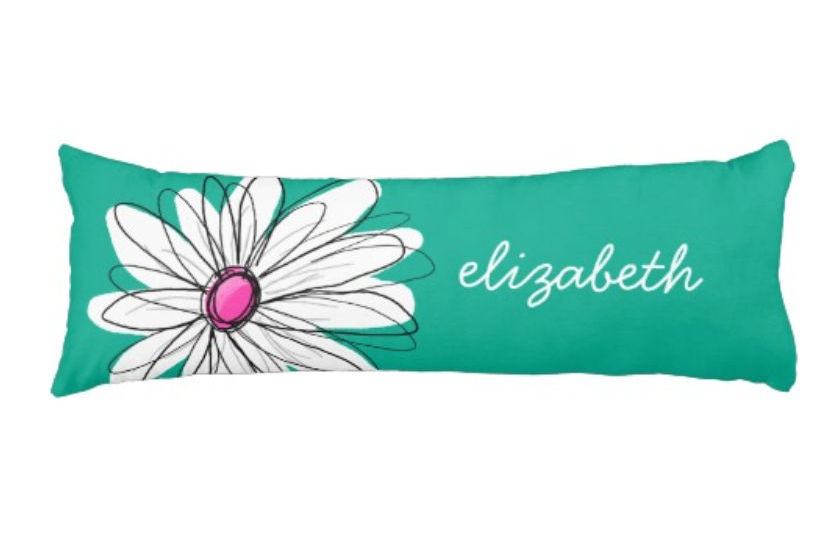 Trendy Pink and Green Floral Daisy With Name Body Pillow