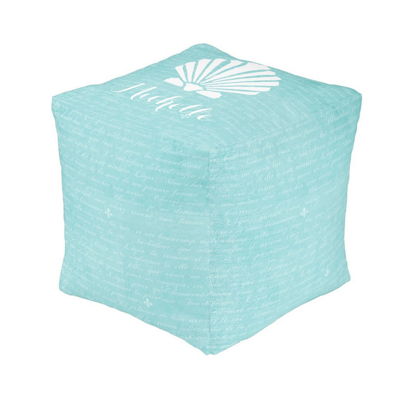Chic Beach Girly Aqua Scallop Shell With Shabby Handwriting and Name Cube Pouf