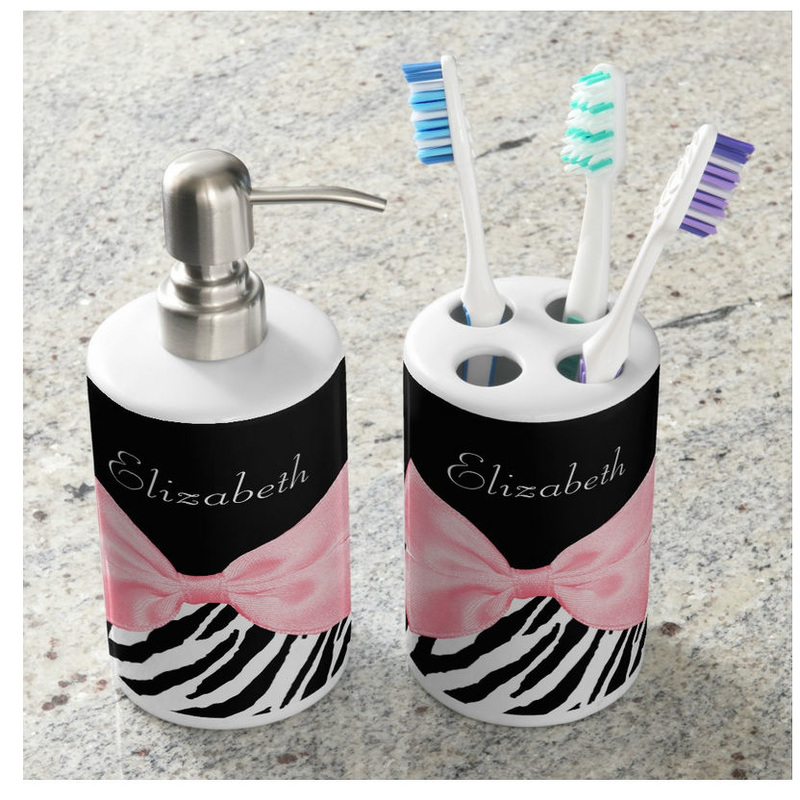 Chic Zebra Print Soft Girly Light Pink Bow Soap Dispenser And Toothbrush Holder