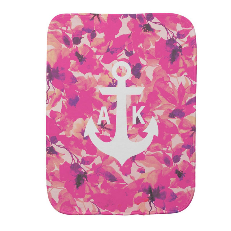 Girly Retro Monogram With Nautical Anchor Pink Floral Pattern Burp Cloth
