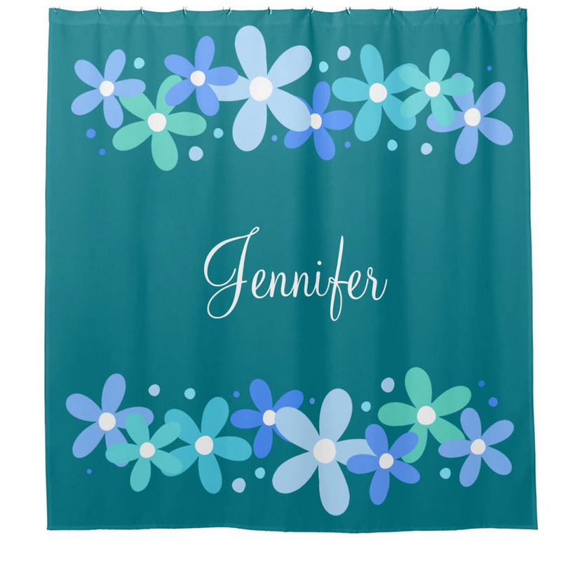Girly Teal and Aqua Blue Floral With Personalized Name Shower Curtain