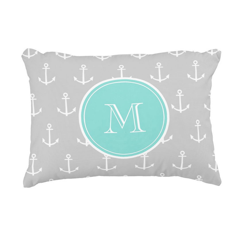 Gray and White Anchors Pattern With Trendy Mint Monogram Accent Pillow