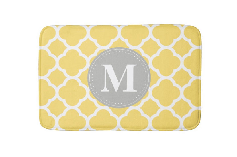 Stylish Grey Monogram Yellow and White Quatrefoil Pattern Bathroom Mat